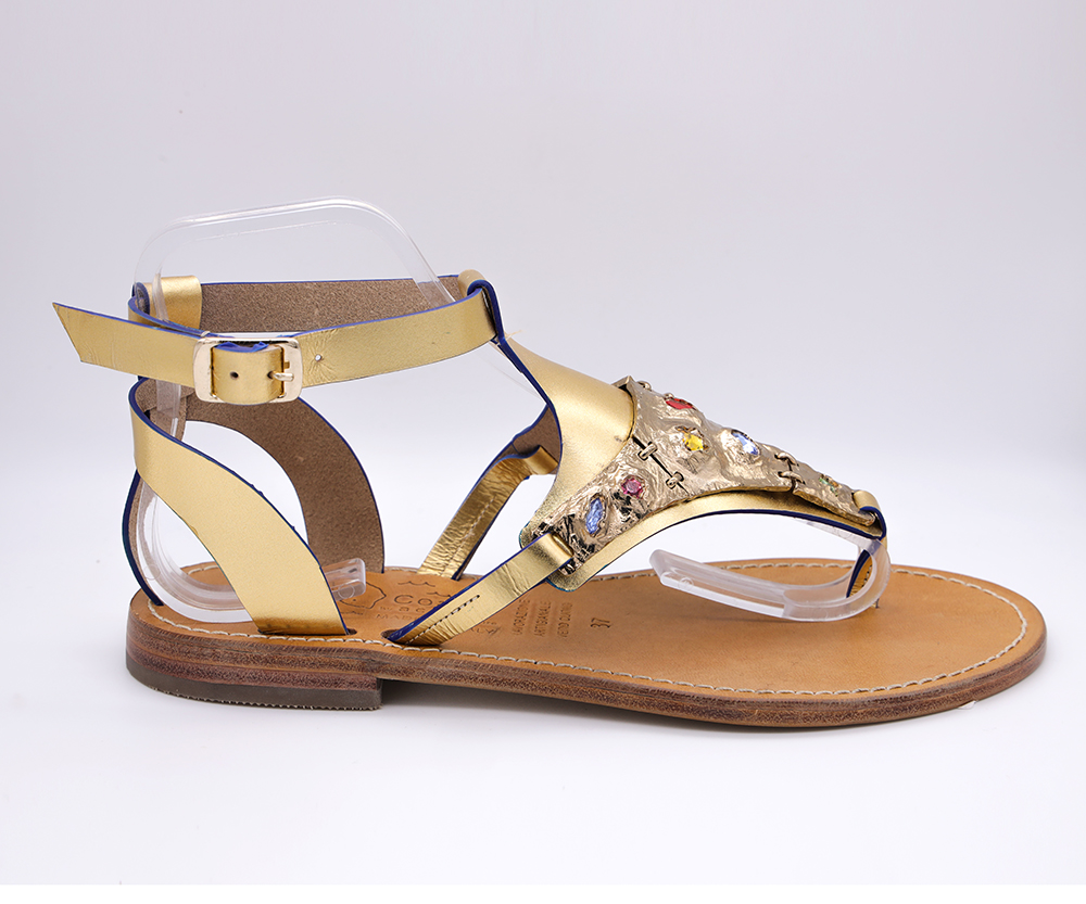 Sandali donna in pelle di vacchetta spazzolata colore platino con lissatura colore blu